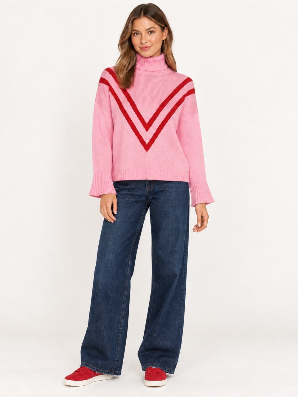 Lovers + Friends Pink Turtleneck‎ Sweater with Red Accents